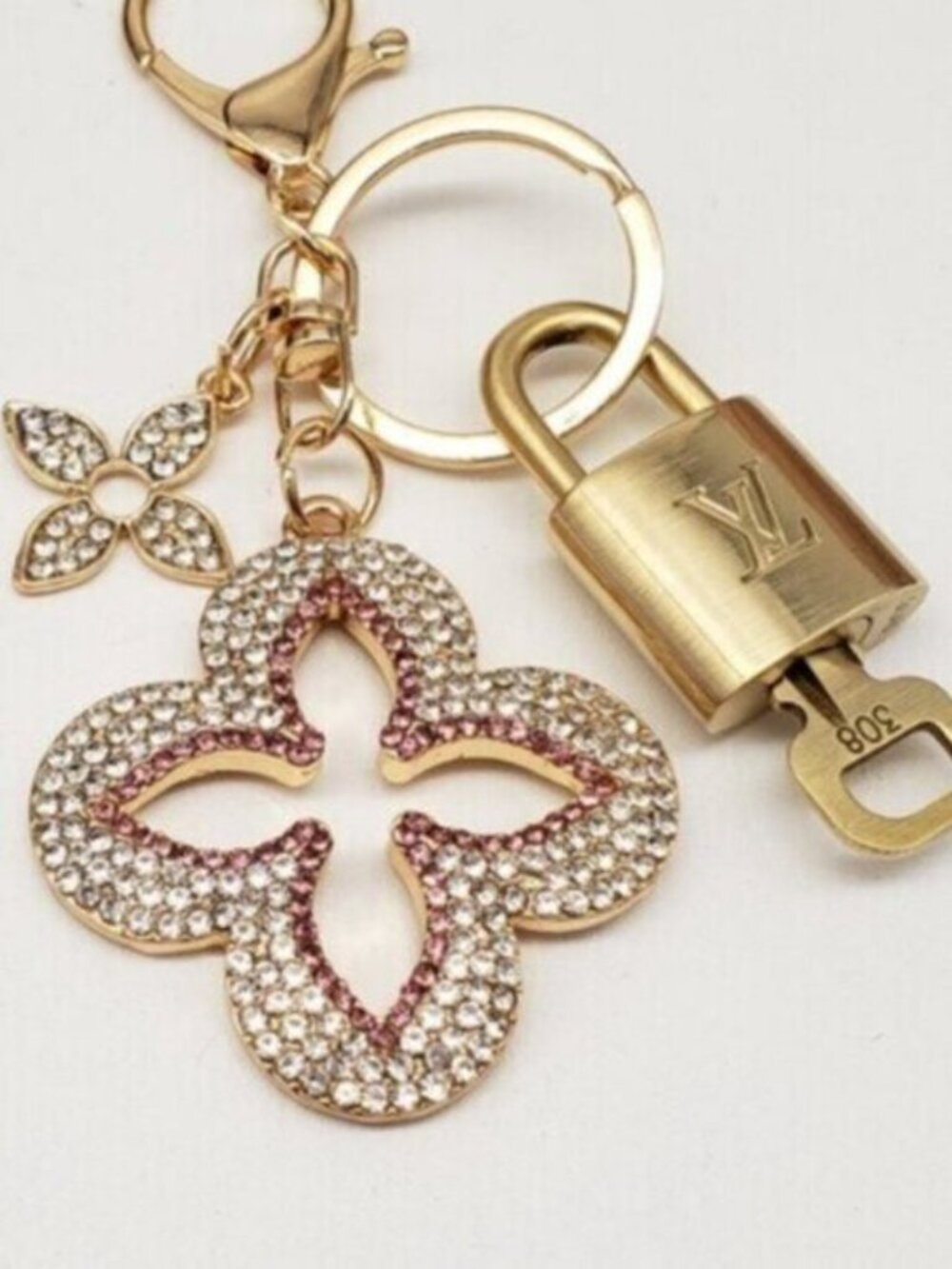 Louis Vuitton Gold Padlock Key 🔒 Authentic LV Charm + Unbranded Clover Keychain - Picture 7 of 7